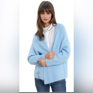 Q2
Fluffy Knit four button Cardigan In Baby Blue With Rib At Them And Cuffs